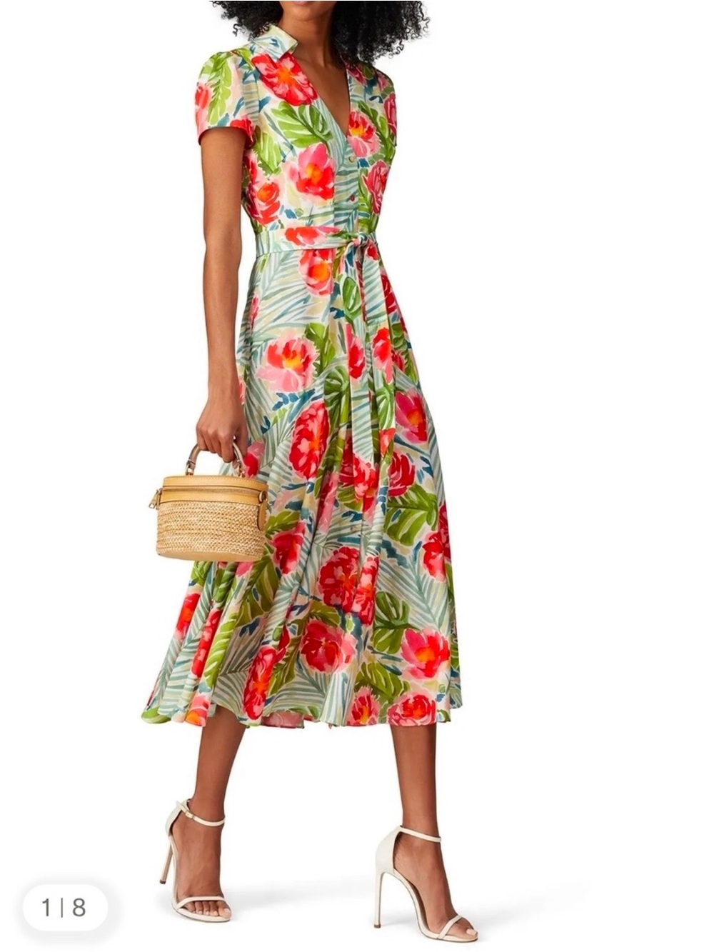 Badgley Mischka Floral Midi Dress in Red, Green, Cream - Picture 2 of 6